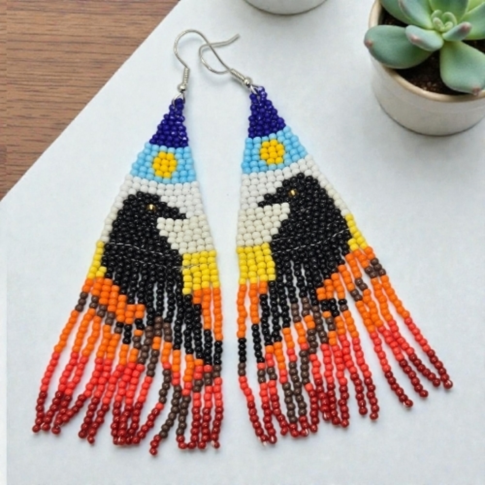Black Raven Seed Bead Fringe Earrings • Tribal Crow Sun Motif • Beaded Jewelry